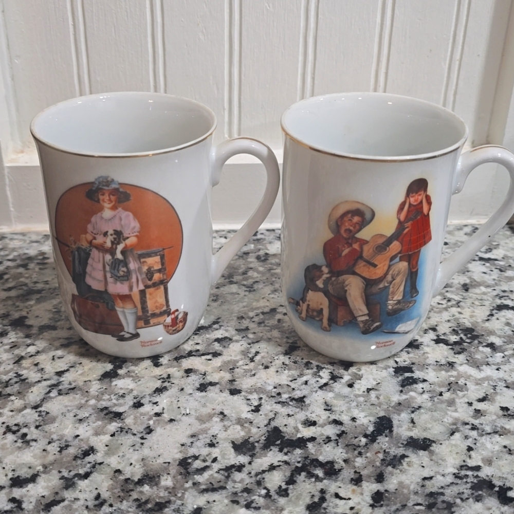 2 Vintage Norman Rockwell Mugs Vacation's Over Sour Note 1981 collectible dishes